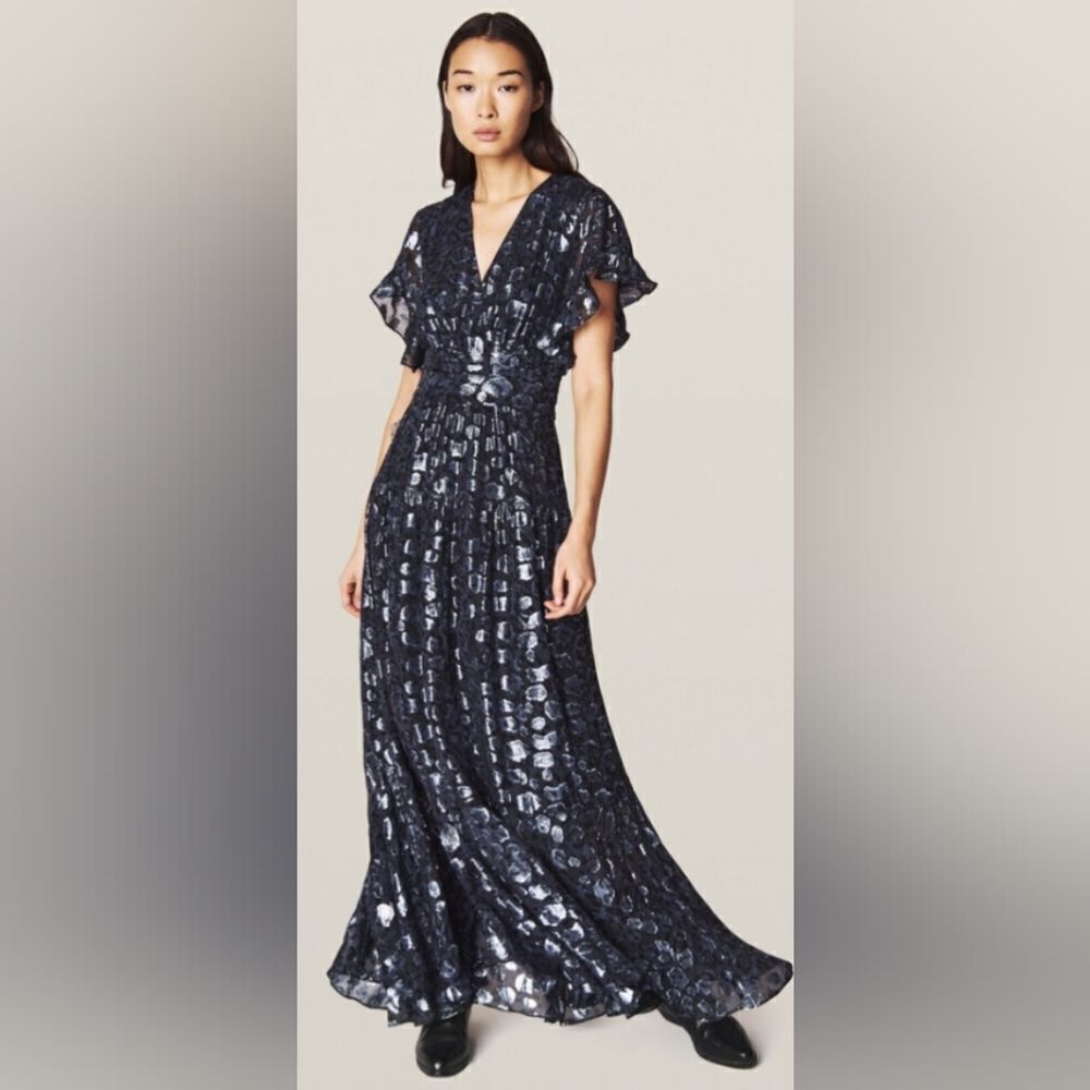 ba&sh Gemma metallic leopard-print silk Maxi Dress NWT size XS Black